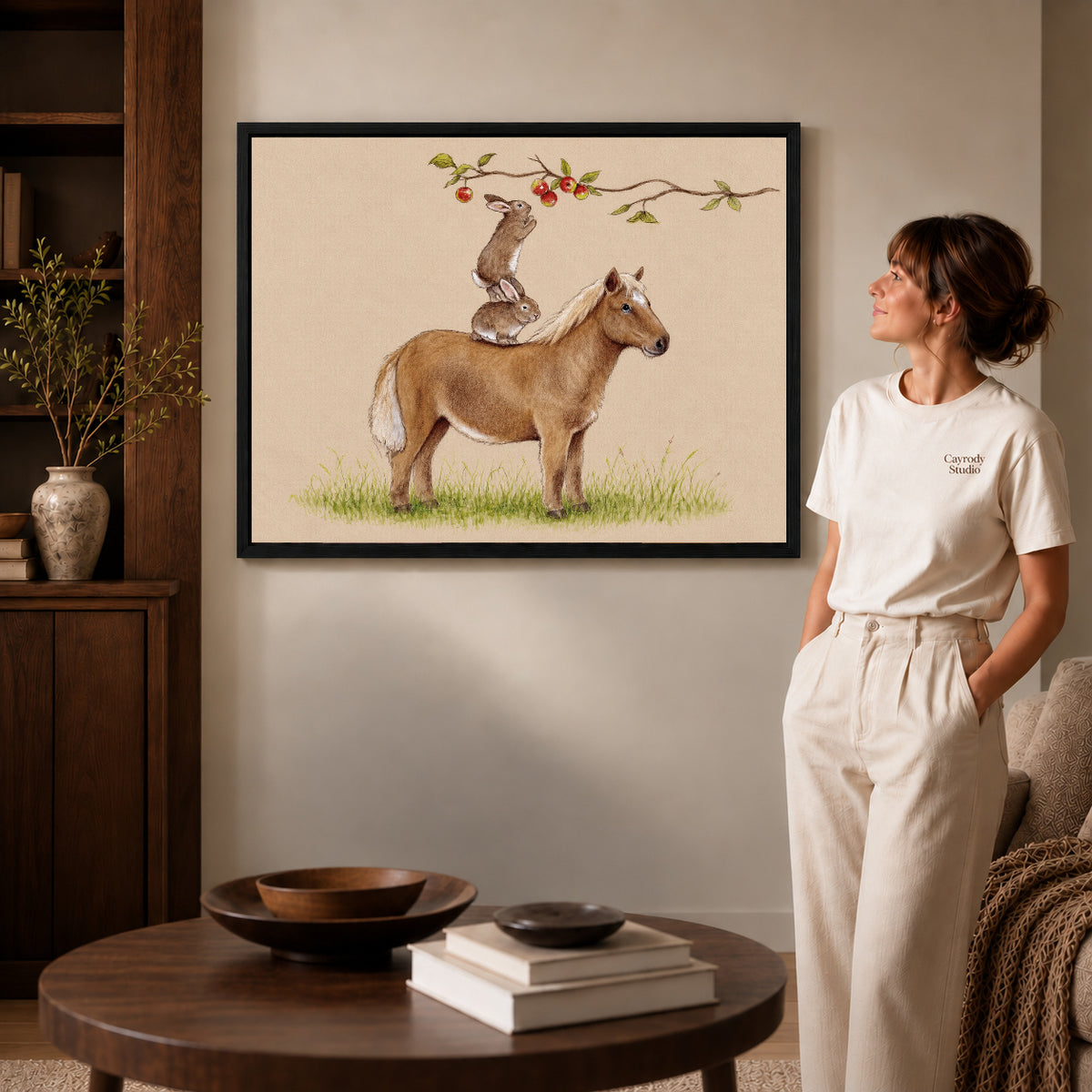 orchard animal team canvas art shown in the black frame option against a softly lit wall.