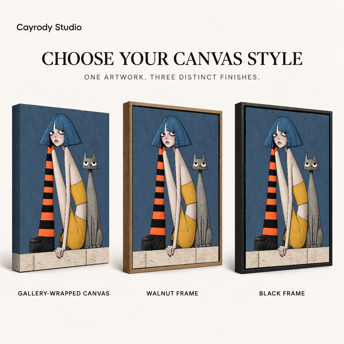 blue bob companions canvas art compared across gallery-wrapped canvas, walnut frame, and black frame finishes.