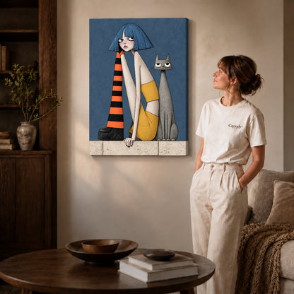 blue bob companions canvas art shown in the gallery-wrapped option with visible depth and warm surroundings.