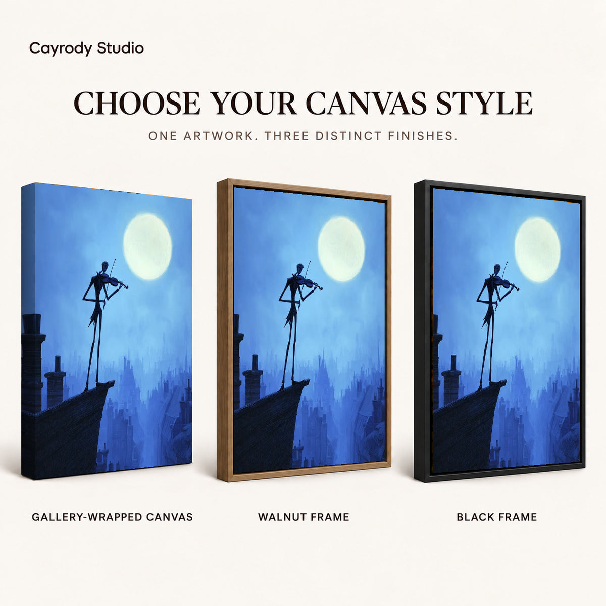 moonlit rooftop violin canvas art compared across gallery-wrapped canvas, walnut frame, and black frame finishes.