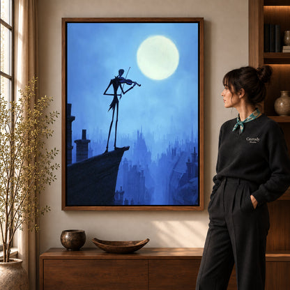 moonlit rooftop violin canvas art shown in the walnut frame option within a warm living room.