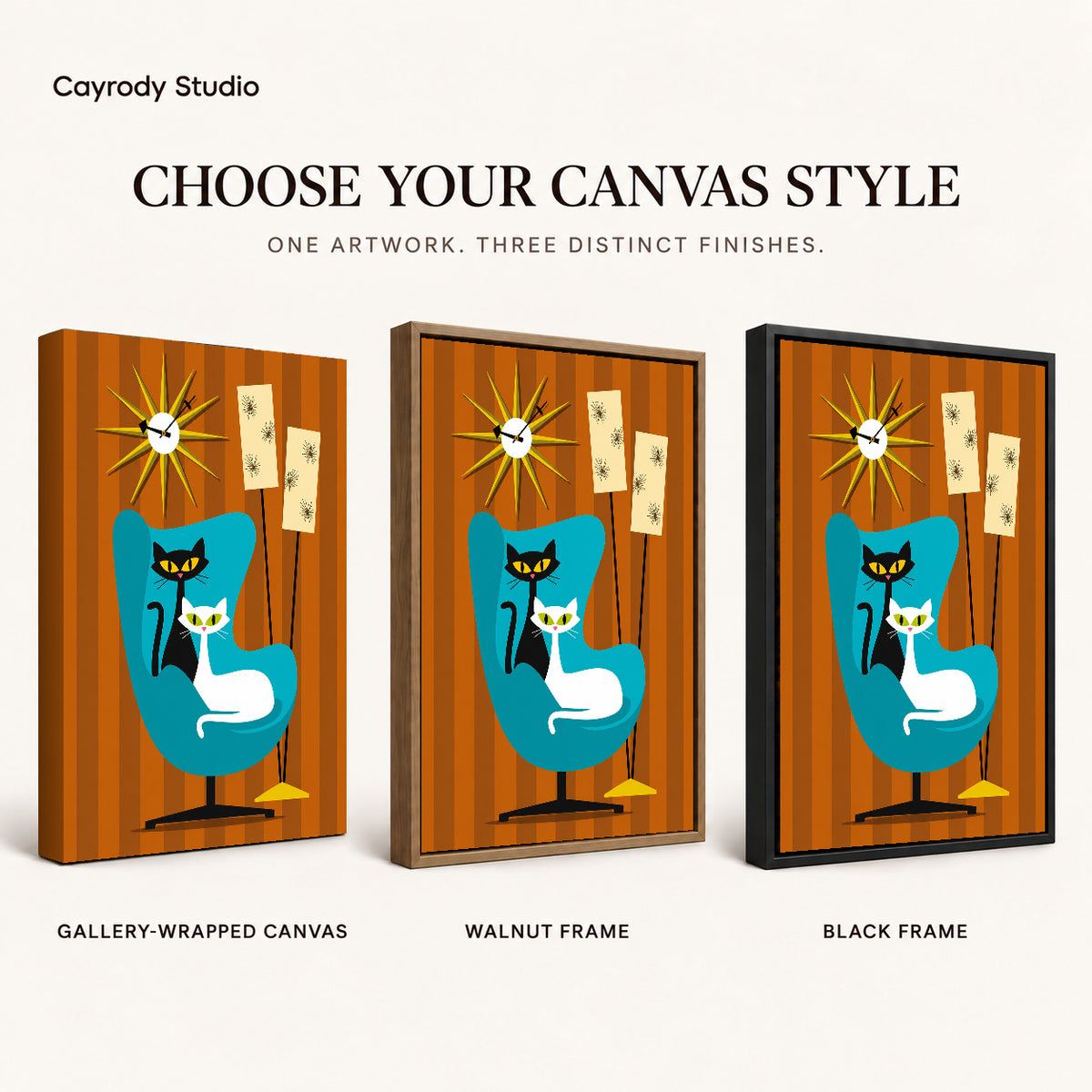 midcentury cat chair canvas art compared across gallery-wrapped canvas, walnut frame, and black frame finishes.