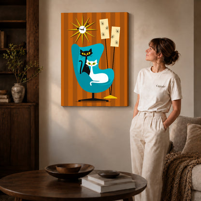 midcentury cat chair canvas art shown in the gallery-wrapped option with visible depth and warm surroundings.