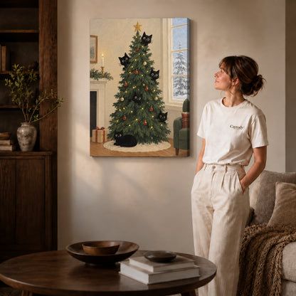 christmas tree cats canvas art on gallery-wrapped canvas with natural edge shading beside a standing woman.