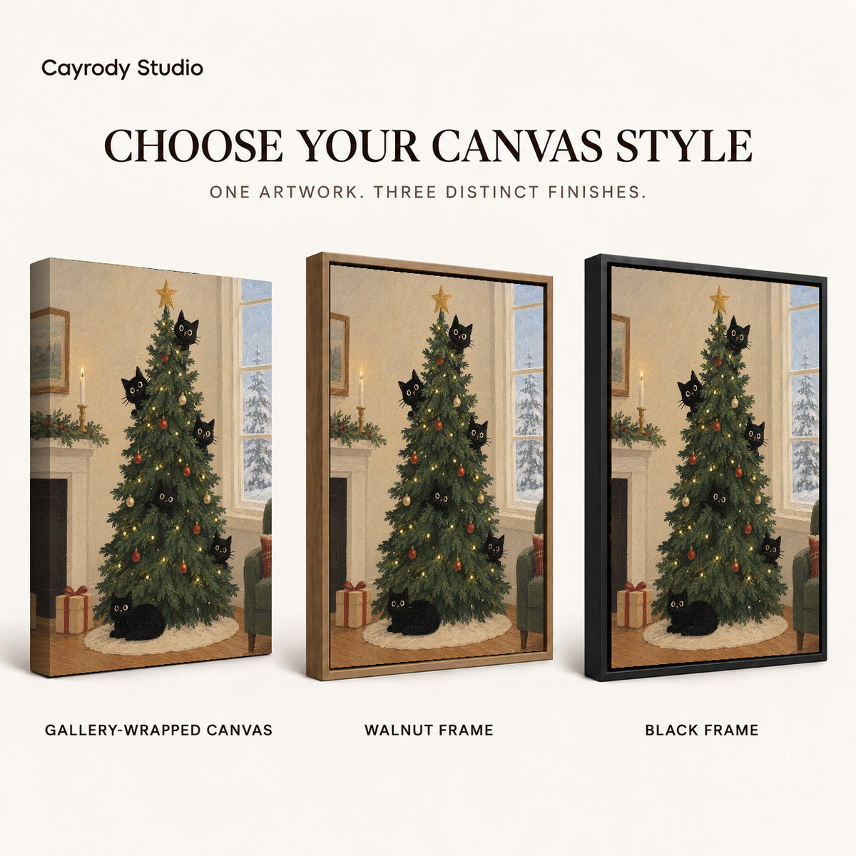 christmas tree cats canvas art compared across gallery-wrapped canvas, walnut frame, and black frame finishes.