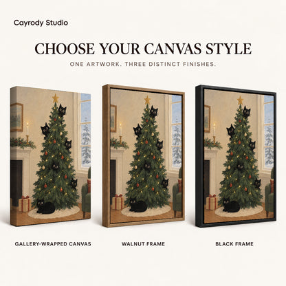 christmas tree cats canvas art compared across gallery-wrapped canvas, walnut frame, and black frame finishes.