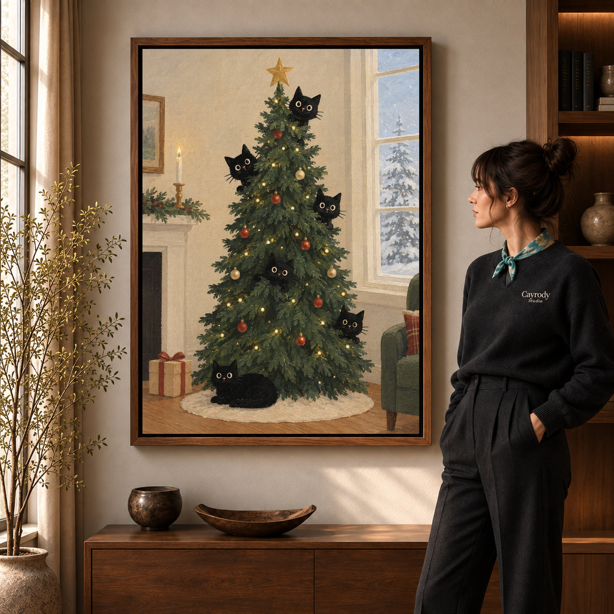 christmas tree cats canvas art shown in the walnut frame option within a warm living room.