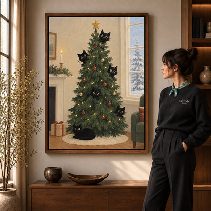 christmas tree cats canvas art shown in the walnut frame option within a warm living room.