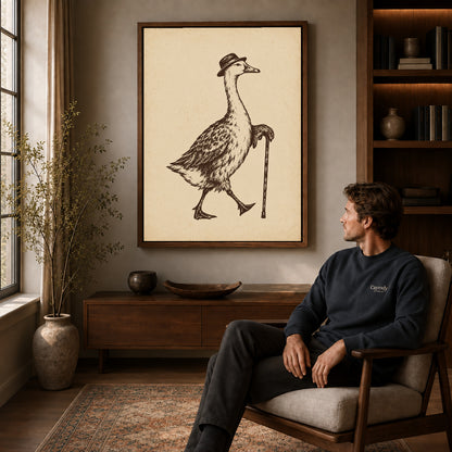 dapper goose stroll canvas art in a walnut frame above a console beside a seated man.