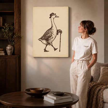 dapper goose stroll canvas art on gallery-wrapped canvas with natural edge shading beside a standing woman.