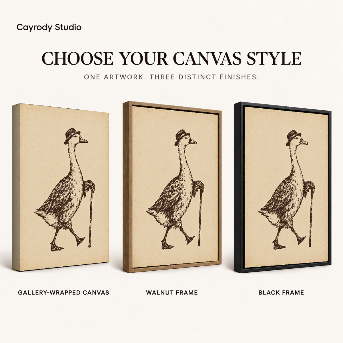 dapper goose stroll canvas art compared across gallery-wrapped canvas, walnut frame, and black frame finishes.