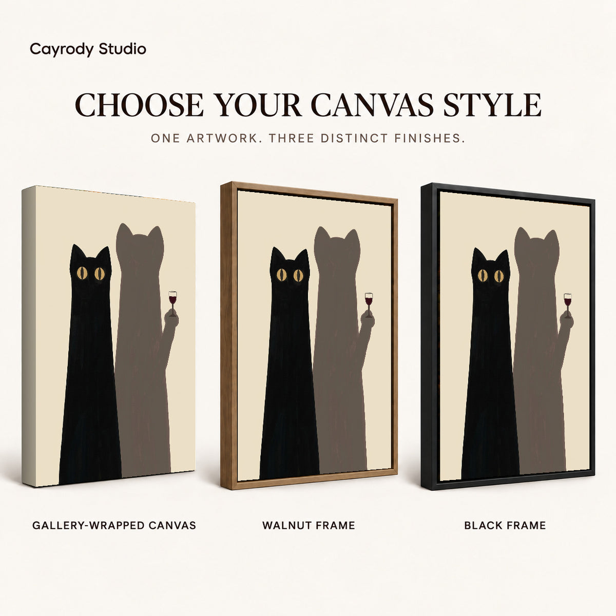 cat shadow toast canvas art compared across gallery-wrapped canvas, walnut frame, and black frame finishes.