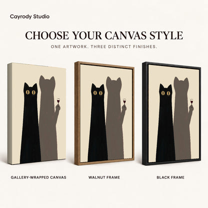 cat shadow toast canvas art compared across gallery-wrapped canvas, walnut frame, and black frame finishes.