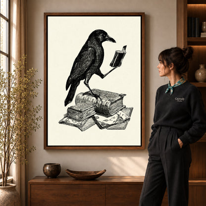 literary crow companion canvas art in a walnut frame beside a standing woman and wooden console.