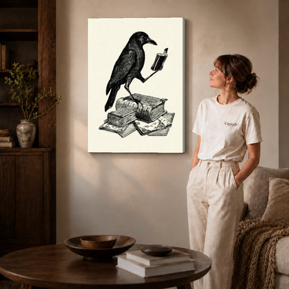 literary crow companion canvas art on gallery-wrapped canvas with natural edge shading beside a standing woman.