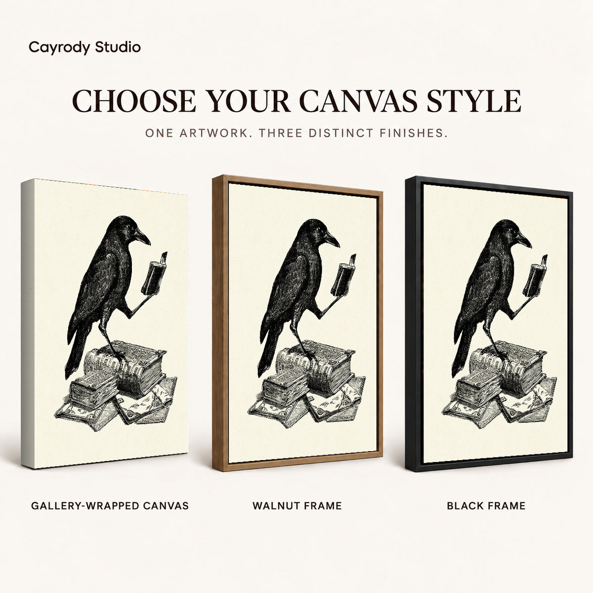 literary crow companion canvas art compared across gallery-wrapped canvas, walnut frame, and black frame finishes.