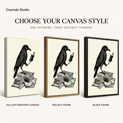 literary crow companion canvas art compared across gallery-wrapped canvas, walnut frame, and black frame finishes.