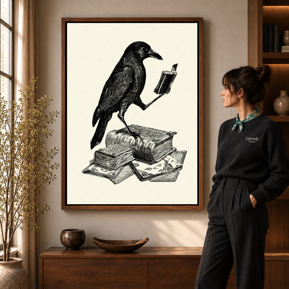 literary crow companion canvas art shown in the walnut frame option within a warm living room.