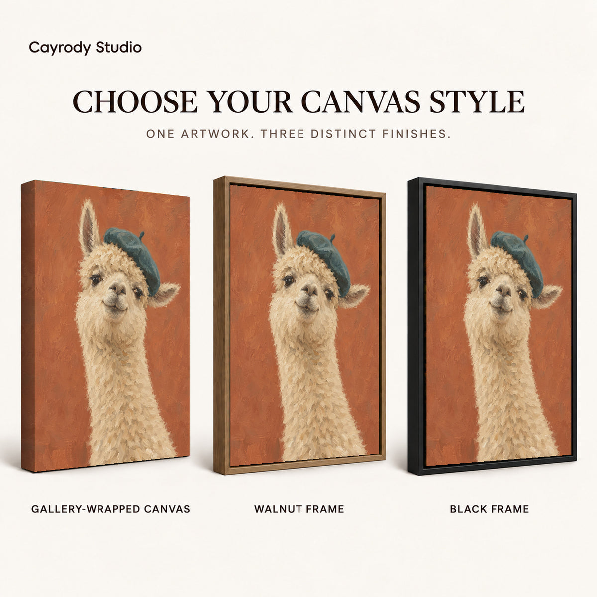 beret llama portrait canvas art compared across gallery-wrapped canvas, walnut frame, and black frame finishes.