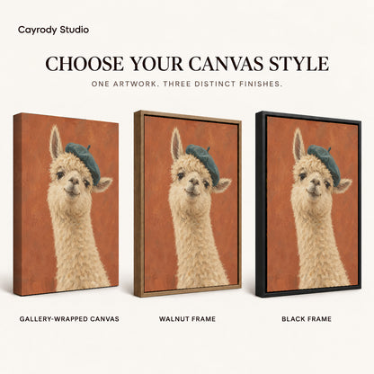 beret llama portrait canvas art compared across gallery-wrapped canvas, walnut frame, and black frame finishes.