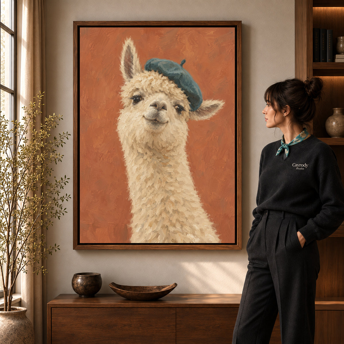 beret llama portrait canvas art shown in the walnut frame option within a warm living room.