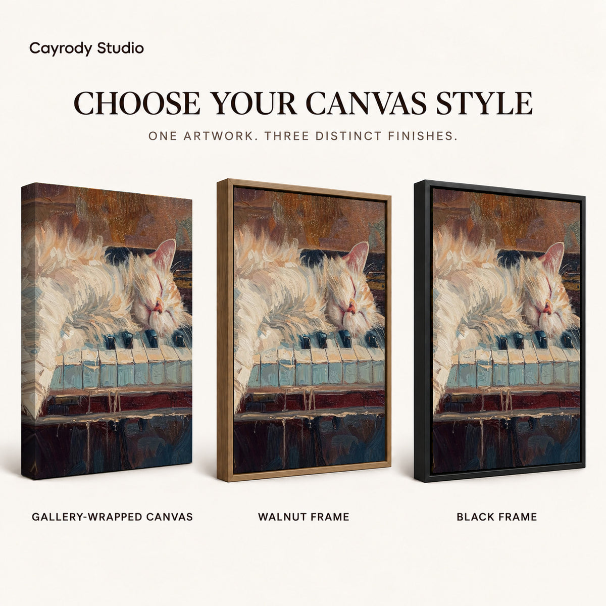 sleepy piano cat canvas art compared across gallery-wrapped canvas, walnut frame, and black frame finishes.