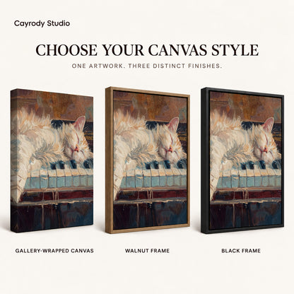 sleepy piano cat canvas art compared across gallery-wrapped canvas, walnut frame, and black frame finishes.