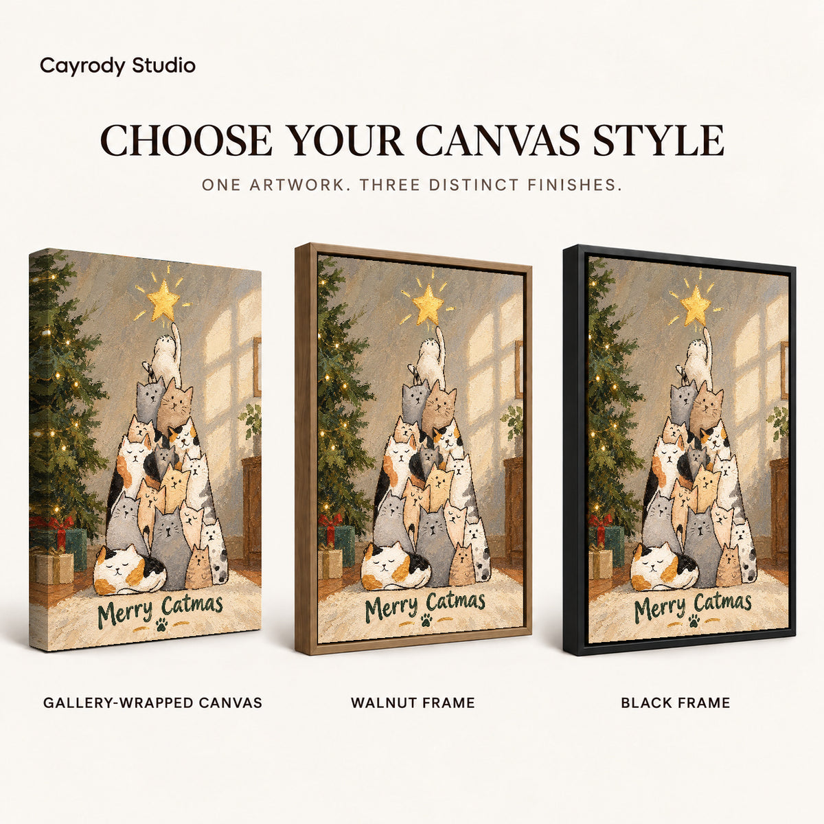 merry catmas gathering canvas art compared across gallery-wrapped canvas, walnut frame, and black frame finishes.