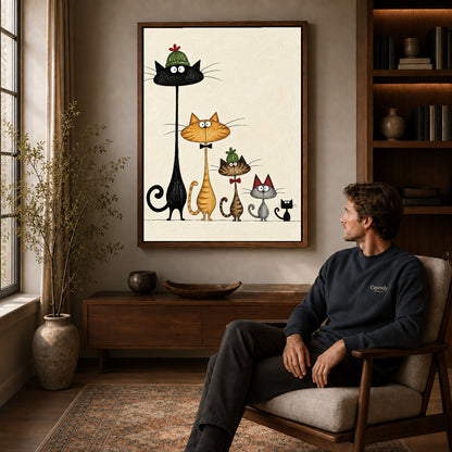 dressed cat gathering canvas art in a walnut frame above a console beside a seated man.