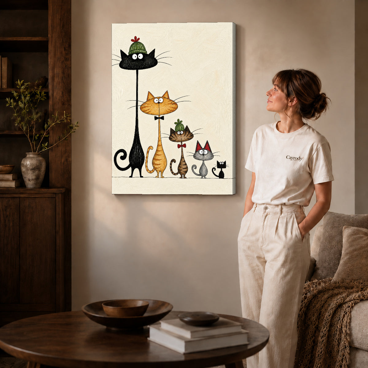 dressed cat gathering canvas art on gallery-wrapped canvas with natural edge shading beside a standing woman.