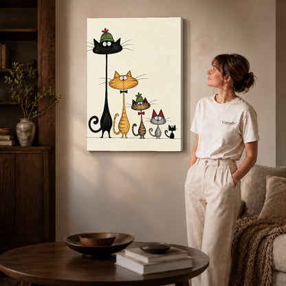 dressed cat gathering canvas art on gallery-wrapped canvas with natural edge shading beside a standing woman.
