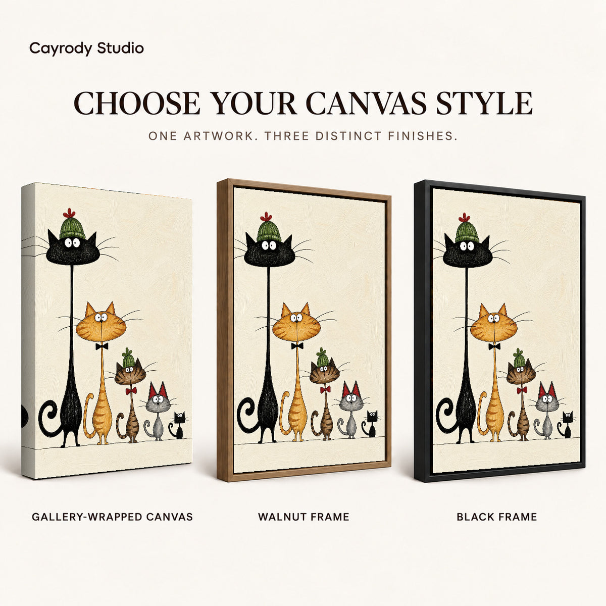 dressed cat gathering canvas art compared across gallery-wrapped canvas, walnut frame, and black frame finishes.