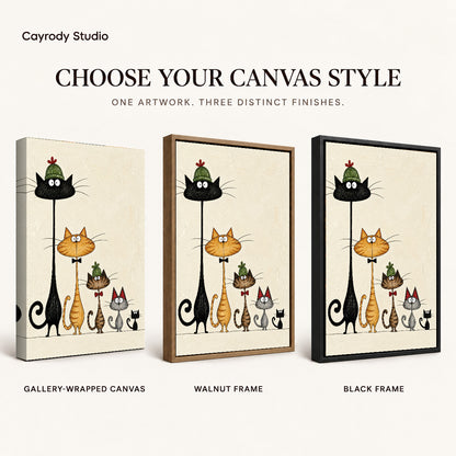 dressed cat gathering canvas art compared across gallery-wrapped canvas, walnut frame, and black frame finishes.