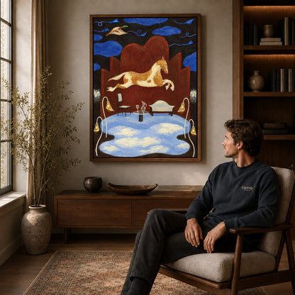 dreaming horse room canvas art in a walnut frame above a console beside a seated man.