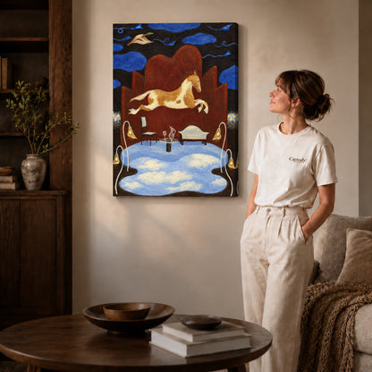 dreaming horse room canvas art on gallery-wrapped canvas with natural edge shading beside a standing woman.