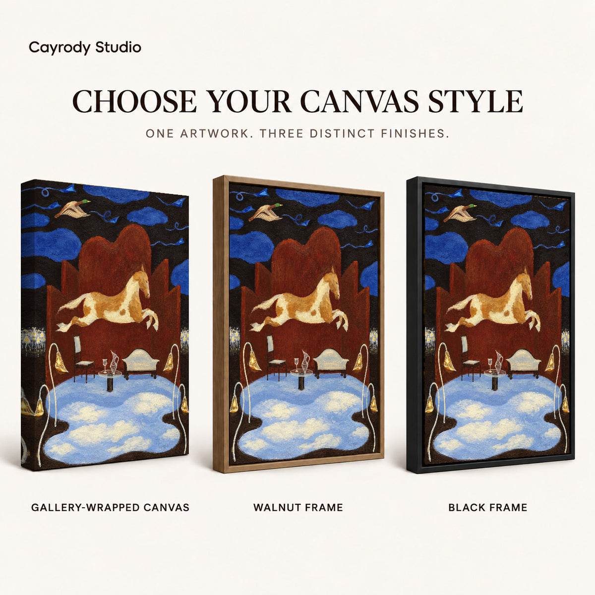dreaming horse room canvas art compared across gallery-wrapped canvas, walnut frame, and black frame finishes.