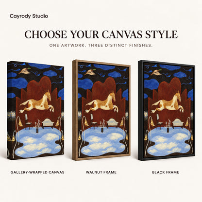 dreaming horse room canvas art compared across gallery-wrapped canvas, walnut frame, and black frame finishes.