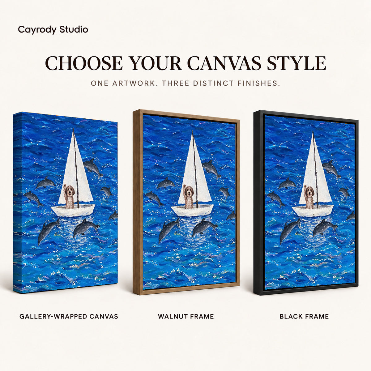 seafaring dog adventure canvas art compared across gallery-wrapped canvas, walnut frame, and black frame finishes.