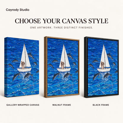seafaring dog adventure canvas art compared across gallery-wrapped canvas, walnut frame, and black frame finishes.