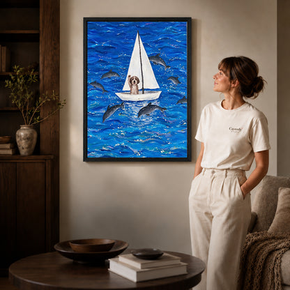 seafaring dog adventure canvas art shown in the black frame option against a softly lit wall.