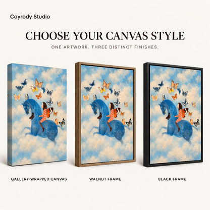 butterfly horse dream canvas art compared across gallery-wrapped canvas, walnut frame, and black frame finishes.