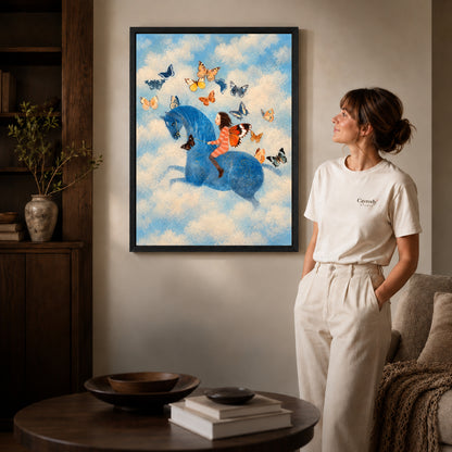 butterfly horse dream canvas art shown in the black frame option against a softly lit wall.