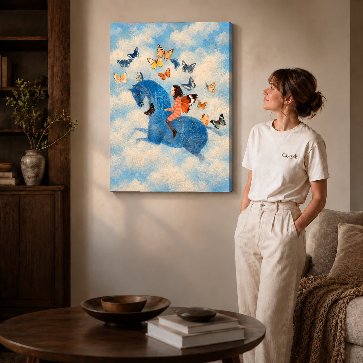butterfly horse dream canvas art shown in the gallery-wrapped option with visible depth and warm surroundings.