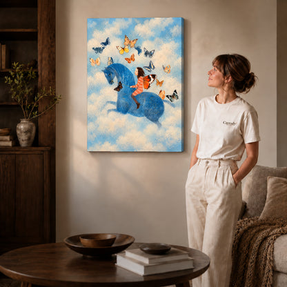 butterfly horse dream canvas art shown in the gallery-wrapped option with visible depth and warm surroundings.