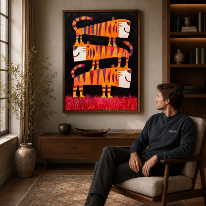 striped tiger trio canvas art in a walnut frame above a console beside a seated man.