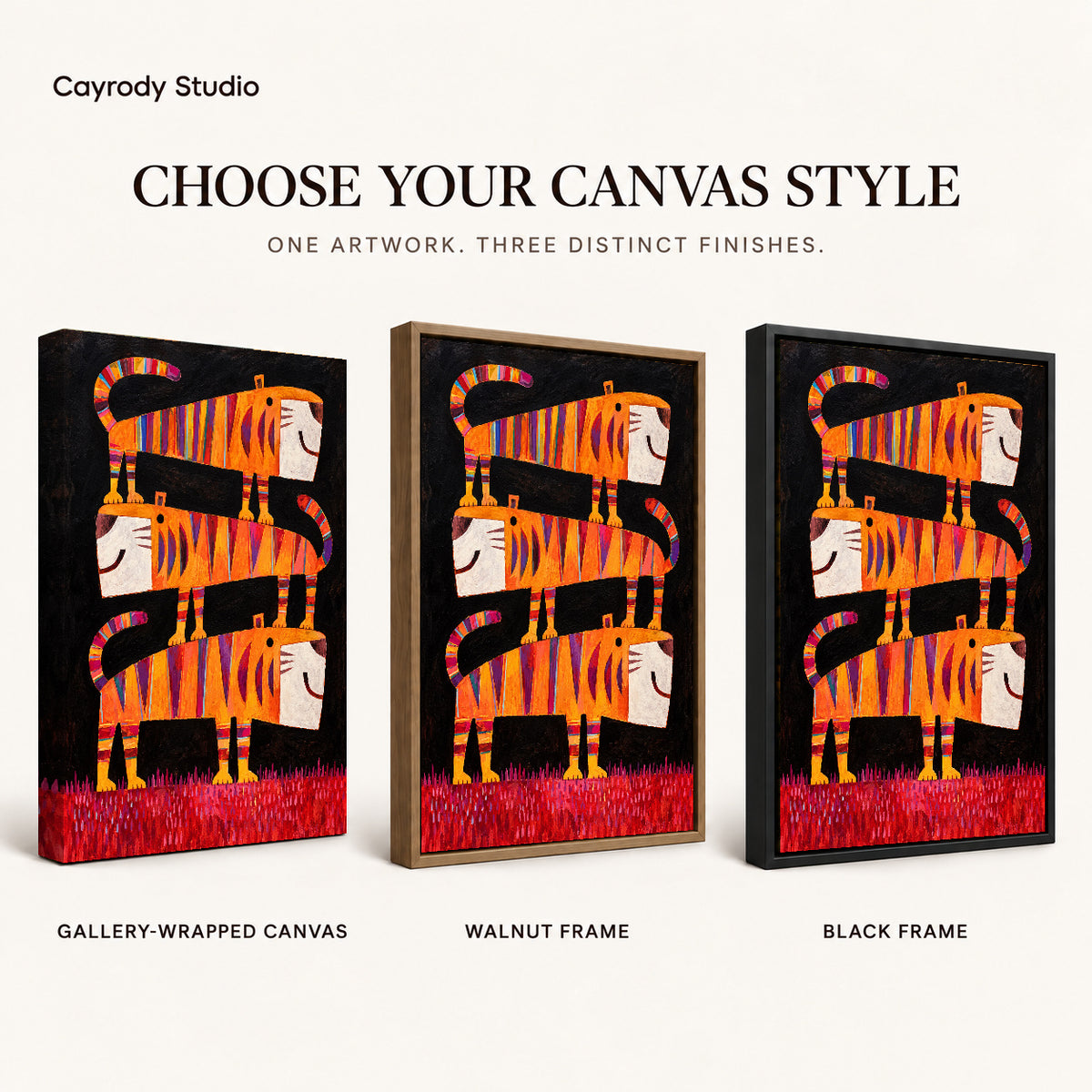striped tiger trio canvas art compared across gallery-wrapped canvas, walnut frame, and black frame finishes.
