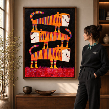 striped tiger trio canvas art shown in the walnut frame option within a warm living room.