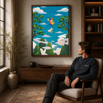 balloon goose journey canvas art in a walnut frame above a console beside a seated man.