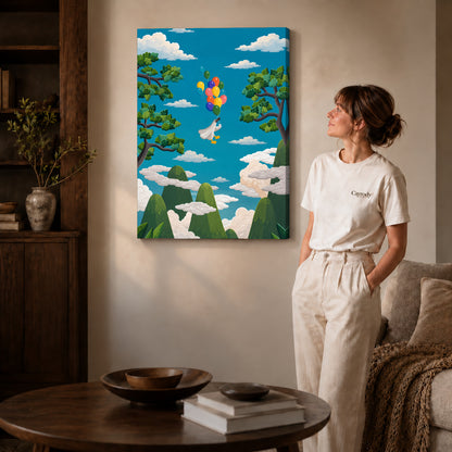 balloon goose journey canvas art on gallery-wrapped canvas with natural edge shading beside a standing woman.