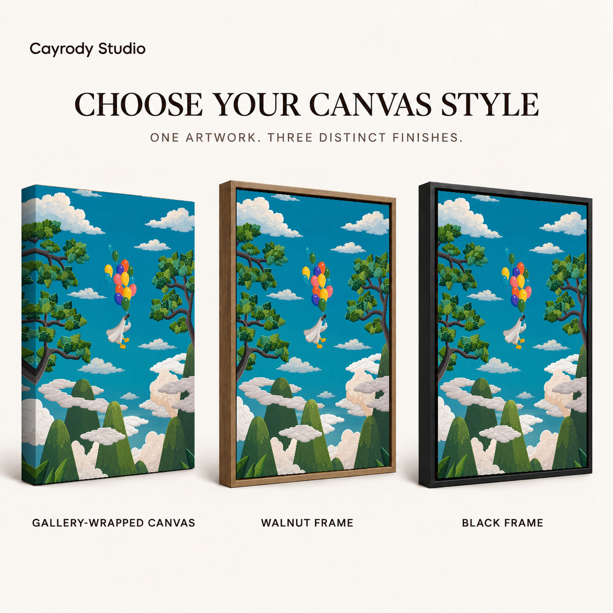 balloon goose journey canvas art compared across gallery-wrapped canvas, walnut frame, and black frame finishes.